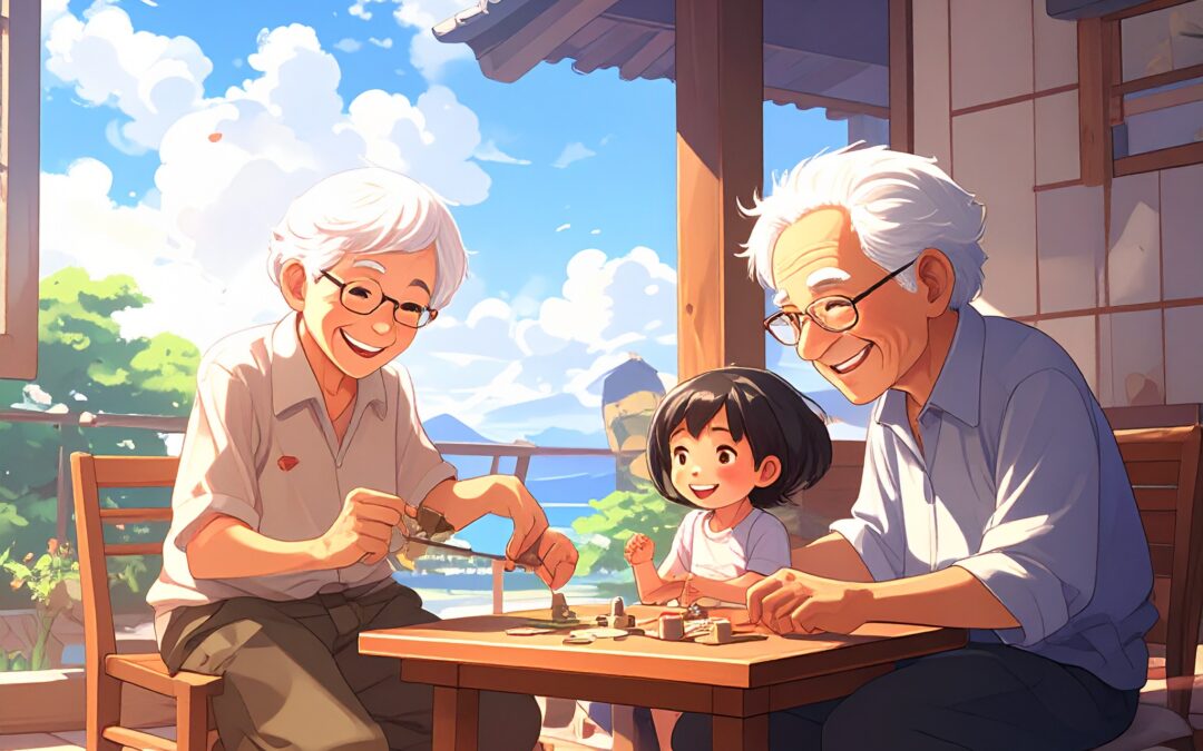 在香港家庭中,和祖父母一起玩“昭和时代的弹珠游戏